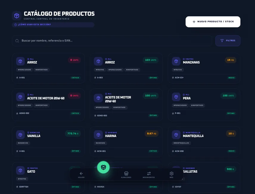 Módulo de materia prima de Mermis mostrando inventario y niveles de stock