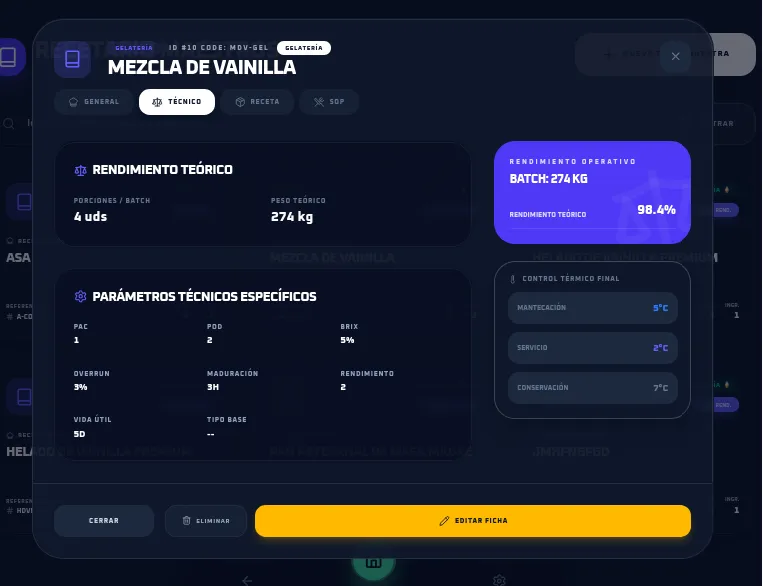 Recetario de Mermis mostrando fichas técnicas con ingredientes y costos